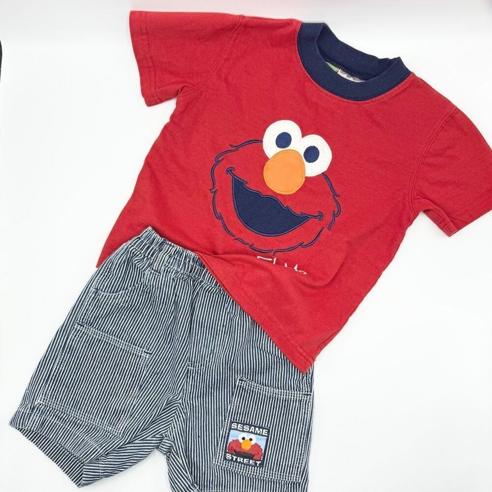 Sesame Street Vintage Elmo Appliquéd T Shirt and Railroad Stripes Pull On Shorts